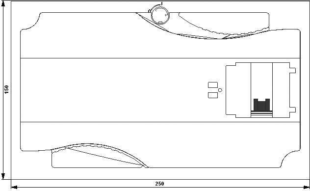 Technische Zeichnung eines rechteckigen Gehäuses mit den Maßen 250 mm x 150 mm, zeigt Anschlüsse und interne Komponenten von oben.