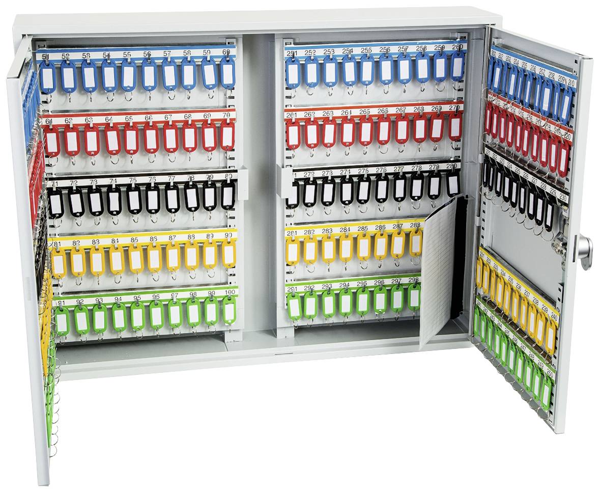 Ein geöffneter Schlüsselschrank mit mehreren Reihen von Schlüsselanhängern in verschiedenen Farben: rot, blau, schwarz, grün und gelb.