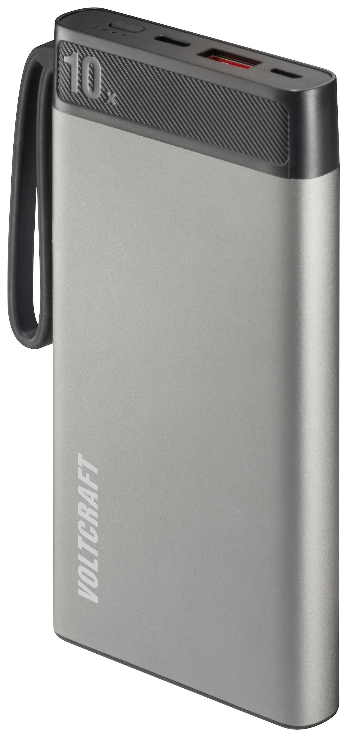 Externe Powerbank in Silber mit schwarzem Rand und Kordel. Aufschrift '10x' und 'VOLTCRAFT' seitlich. Ideal für mobiles Laden.