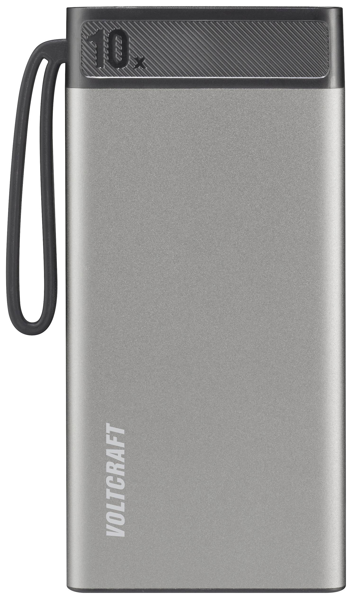 Tragbare Powerbank in silbernem Design mit der Aufschrift 'VOLTCRAFT' auf der Vorderseite und '10x' auf der oberen Kante.