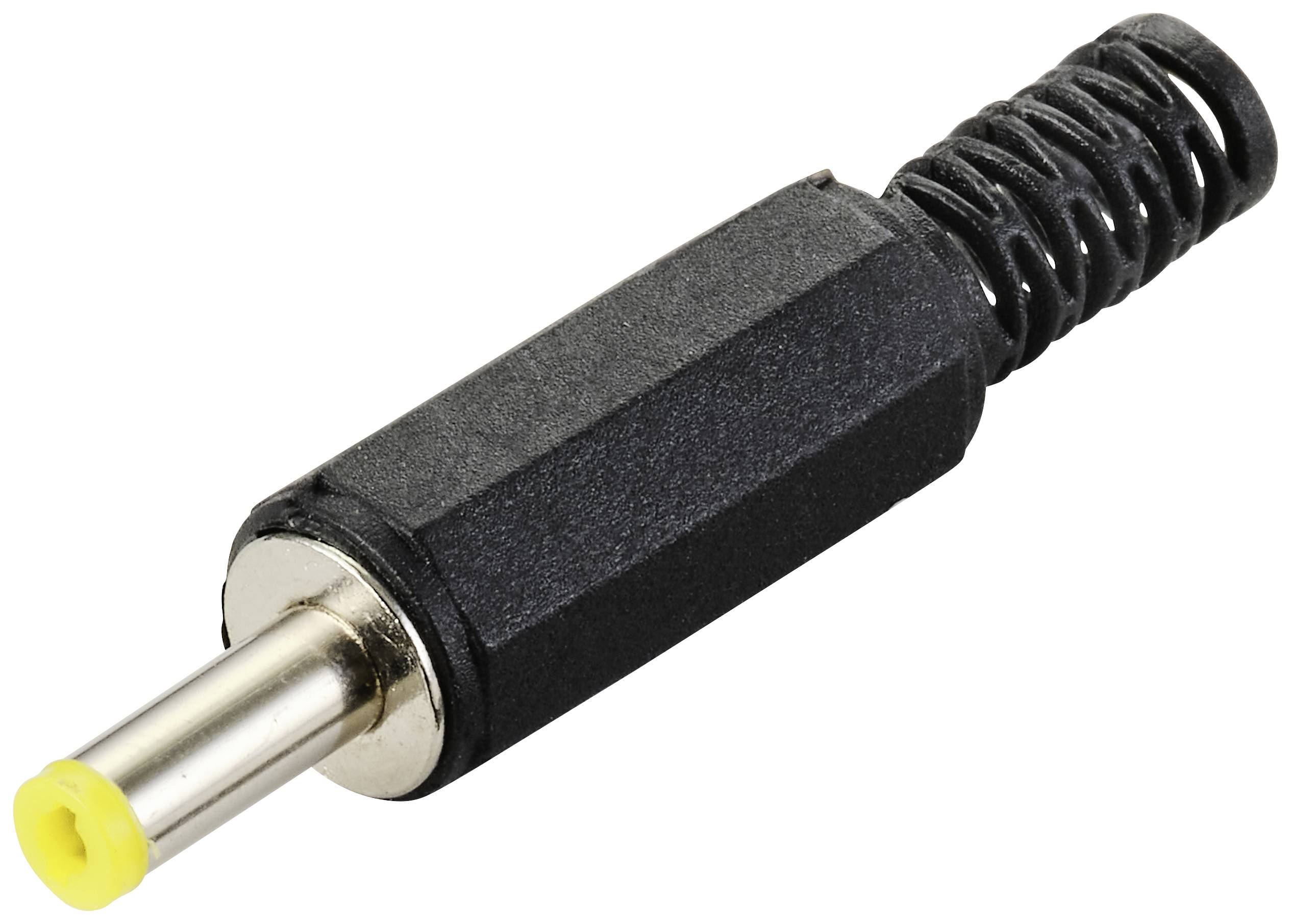 Schwarzer Gleichstromsteckeradapter mit gelber Spitze und Metallkontakt. Häufig zum Verbinden von Elektronikgeräten mit einer Stromquelle verwendet.