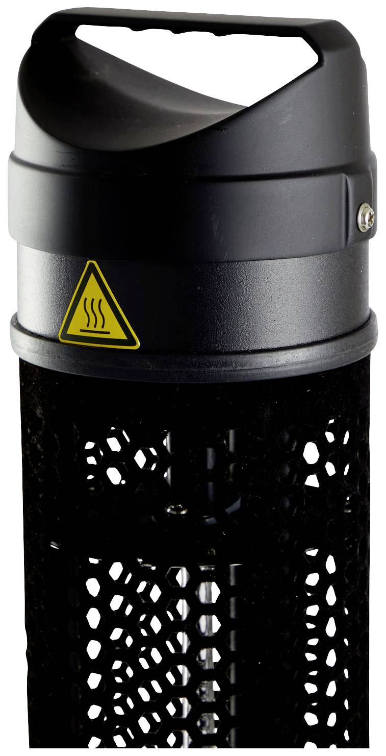 Ein schwarzes, zylinderförmiges Gerät mit einem Griff oben und einem Warnsymbol für Hitze. Es hat ein durchbrochenes Design unten.