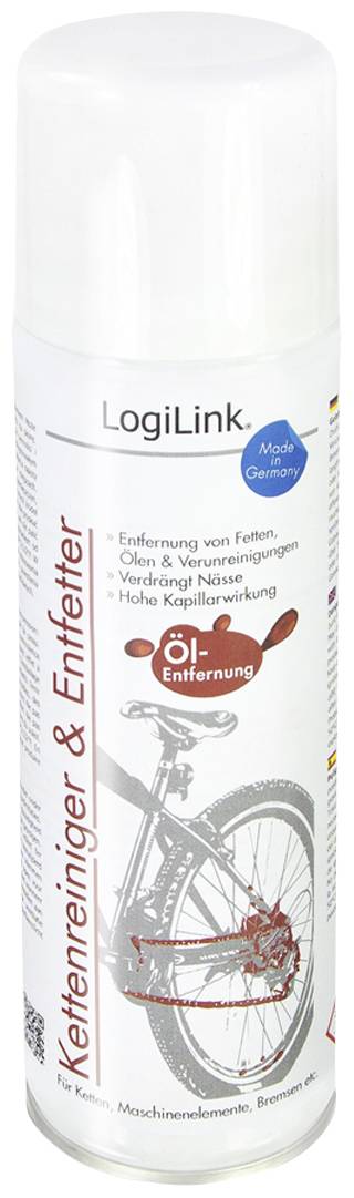 Sprühdose mit der Aufschrift 'Kettenreiniger & Entfetter', zeigt ein Fahrradrad. Entfernt Fett, Öl und Verschmutzungen. Marke: LogiLink.