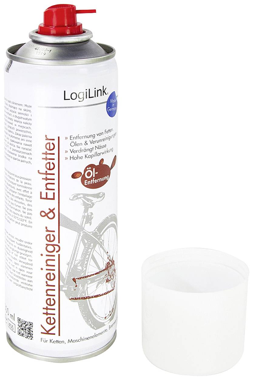 Sprühdose mit rotem Deckel, beschriftet mit 'Kettenreiniger & Entfetter' und Fahrradabbildung; Deckel abgenommen daneben platziert.