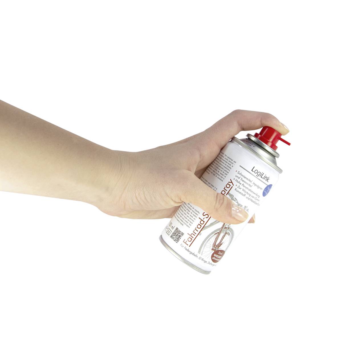 Eine Hand sprüht eine Dose mit Kontaktreinigerspray. Die Dose ist weiß mit rotem Sprühkopf und wird von einer Hand gehalten.