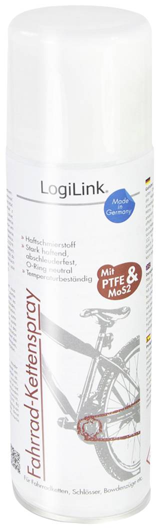 'LogiLink Fahrrad-Kettenspray' in weißer Spraydose, 200 ml. Enthält PTFE und MoS2. Geeignet für Fahrradketten, schützt vor Korrosion.