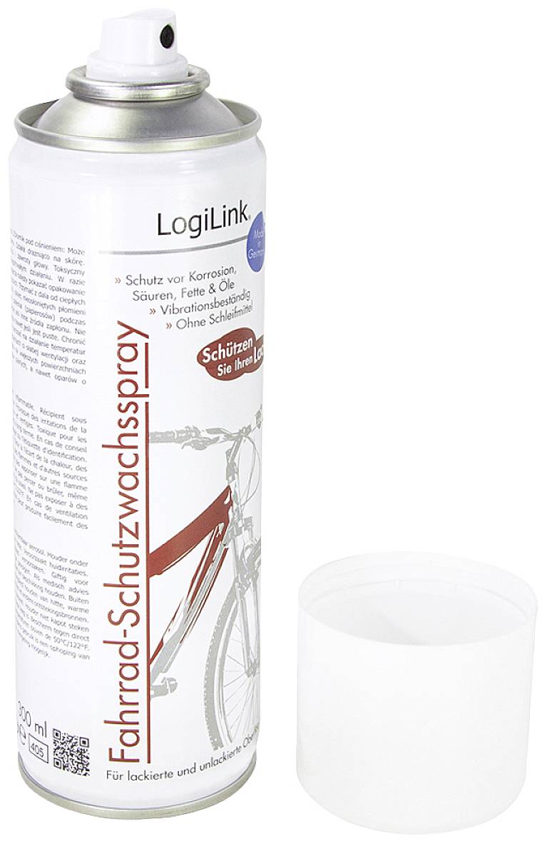 Sprühdose mit der Aufschrift 'Fahrrad-Schutzwachsspray', daneben ein durchsichtiger Deckel. Schützt Fahrräder vor Korrosion und Verschleiß.