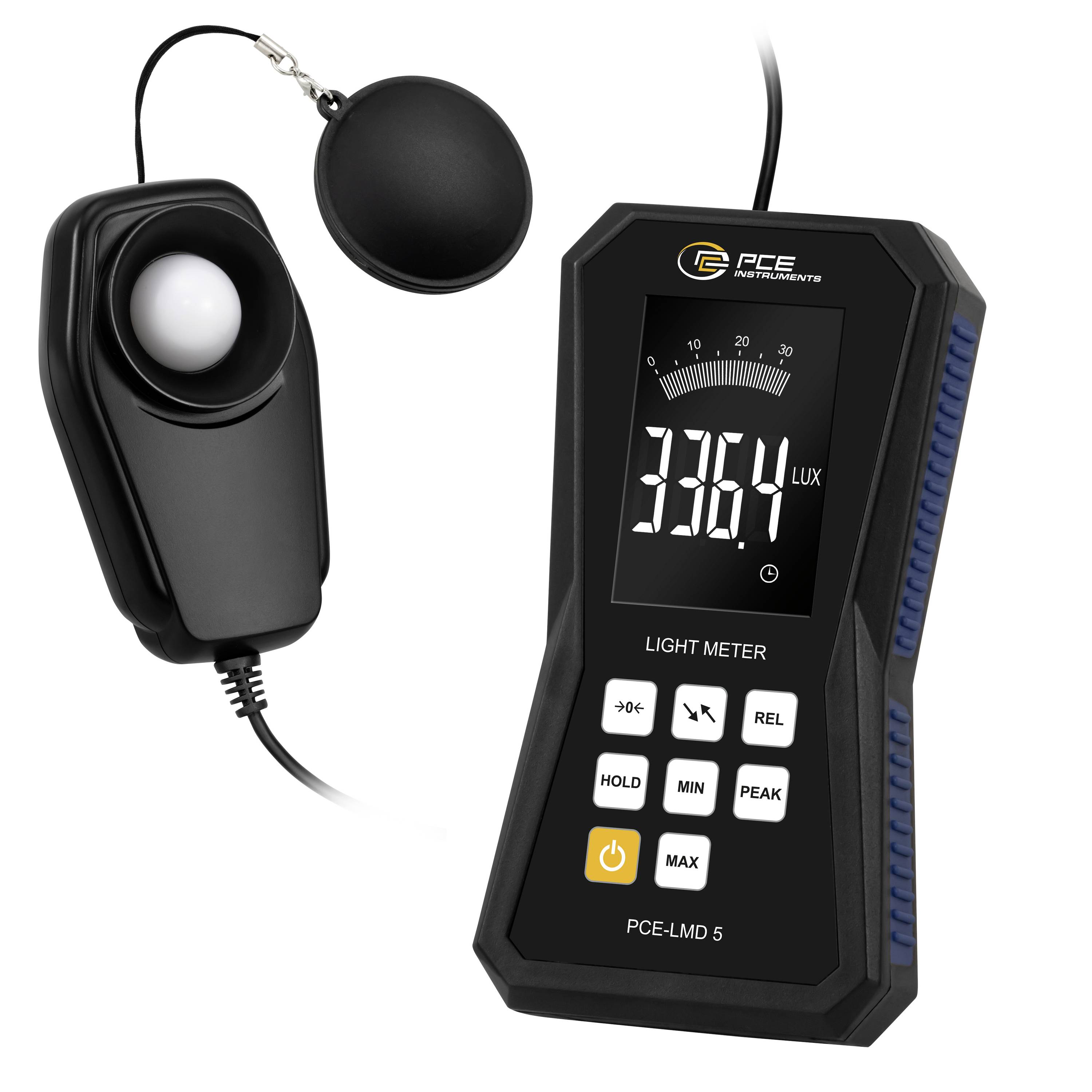 Tragbares digitales Luxmeter mit Fernsensor, zeigt 3364 Lux an und ist mit PCE-LMD 5 gekennzeichnet.