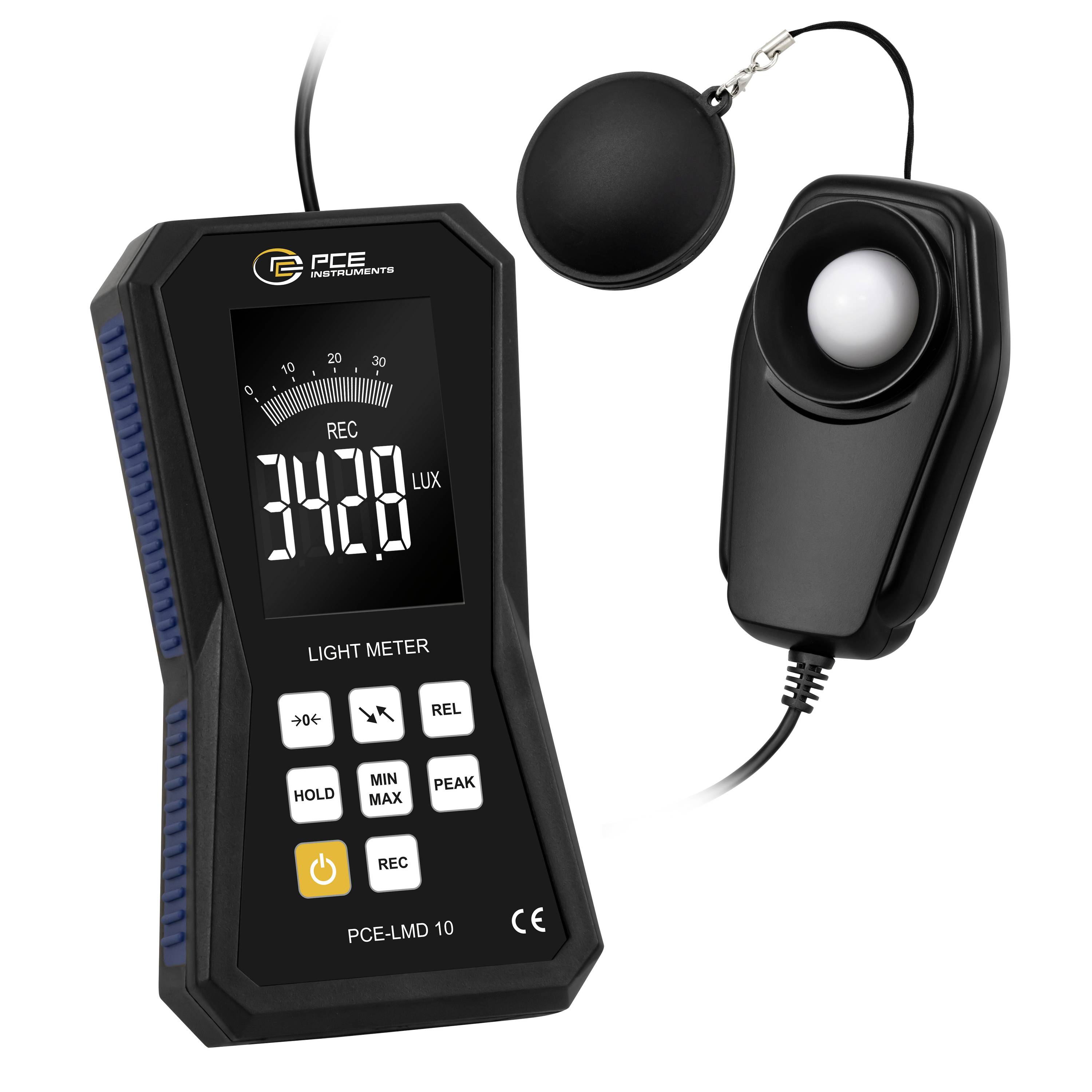 Digitales Luxmeter mit Anzeige von 342,8 Lux, mit separatem Sensor und Objektivkappe, wird zur Messung der Beleuchtungsstärke verwendet.