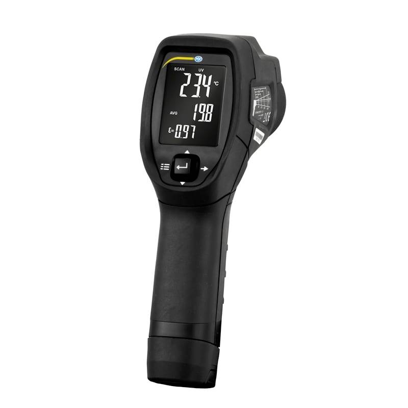 Tragbares schwarzes Infrarot-Thermometer mit Temperaturanzeigen auf einem digitalen Bildschirm.