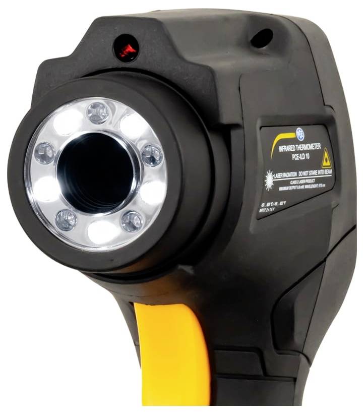 Tragbares Infrarot-Thermometer-Gewehr mit kreisförmigem LED-beleuchteten Sensor und gelbem Abzugsgriff.