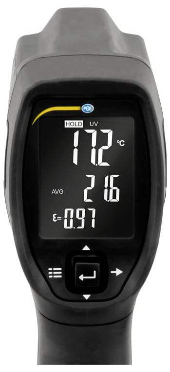 Tragbares Infrarot-Thermometer zeigt 17,2°C, Durchschnitt 21,6 und Emissivität 0,97 auf einem digitalen Display mit HOLD- und UV-Indikatoren.