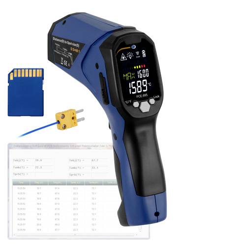 Handmessgerät PCE-895 zur Infrarot-Temperaturmessung mit digitalem Display. Zeigt höchste Temperatur 159°C an. SD-Karte und Temperatursonde im Bild.