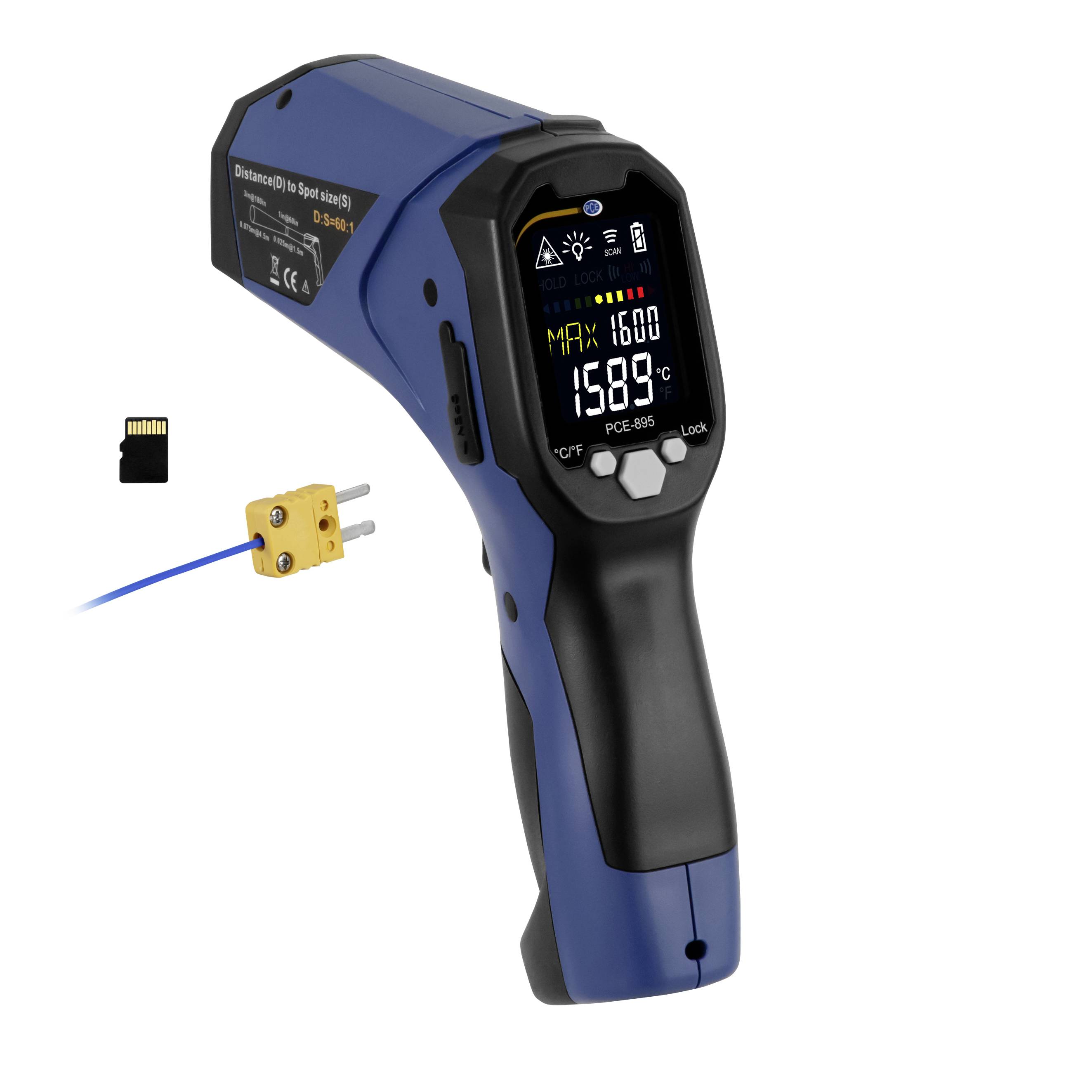 Tragbares Infrarot-Thermometerpistole zeigt 158,9°C an, mit max 1600 und einem K-Typ-Sondenstecker sowie einer Speicherkarte daneben.