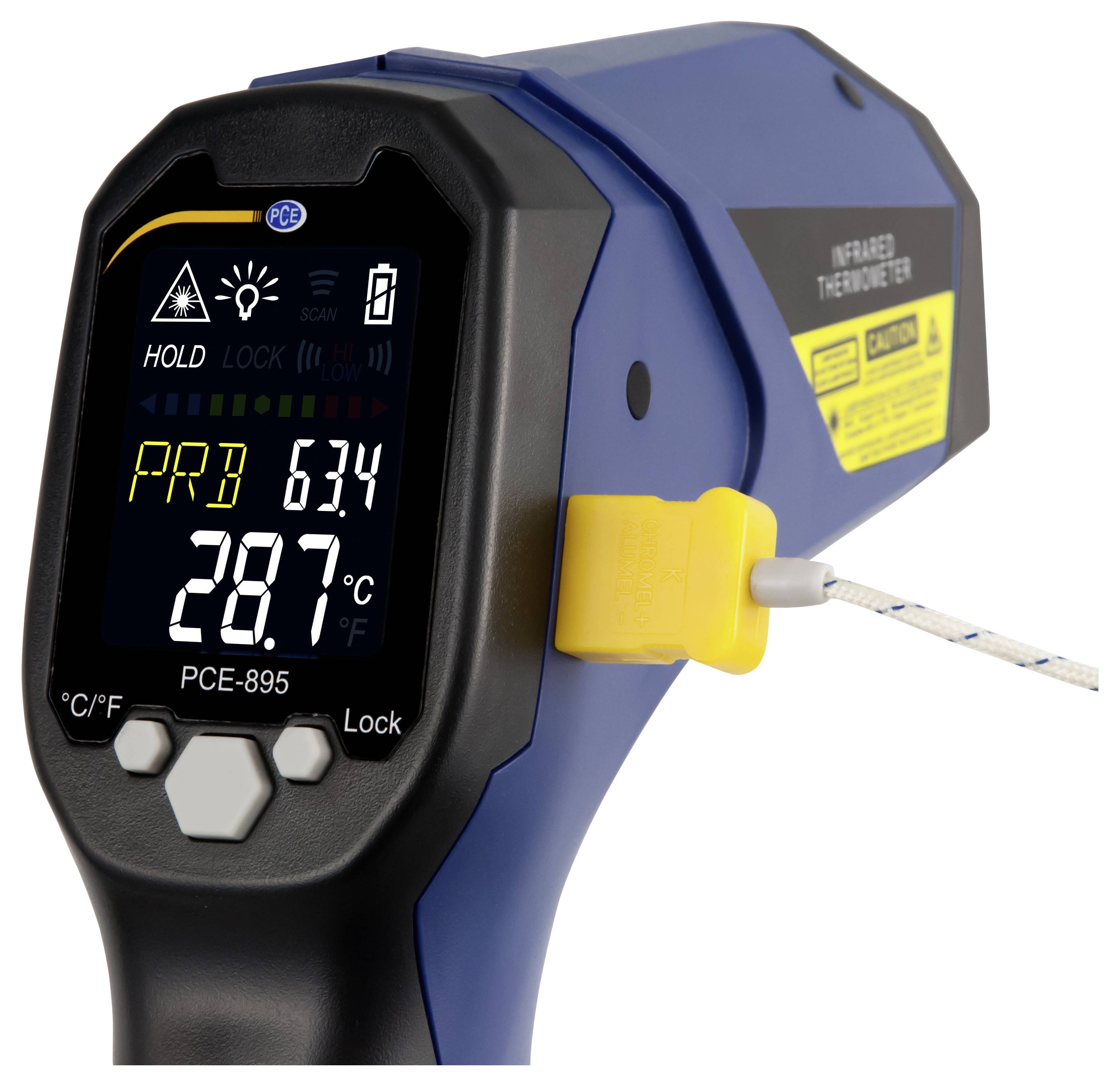 Tragbares Infrarot-Thermometer zeigt 28,7°C mit PR3 63,4 auf dem Display und eine Sonde, die in die Seite eingesteckt ist