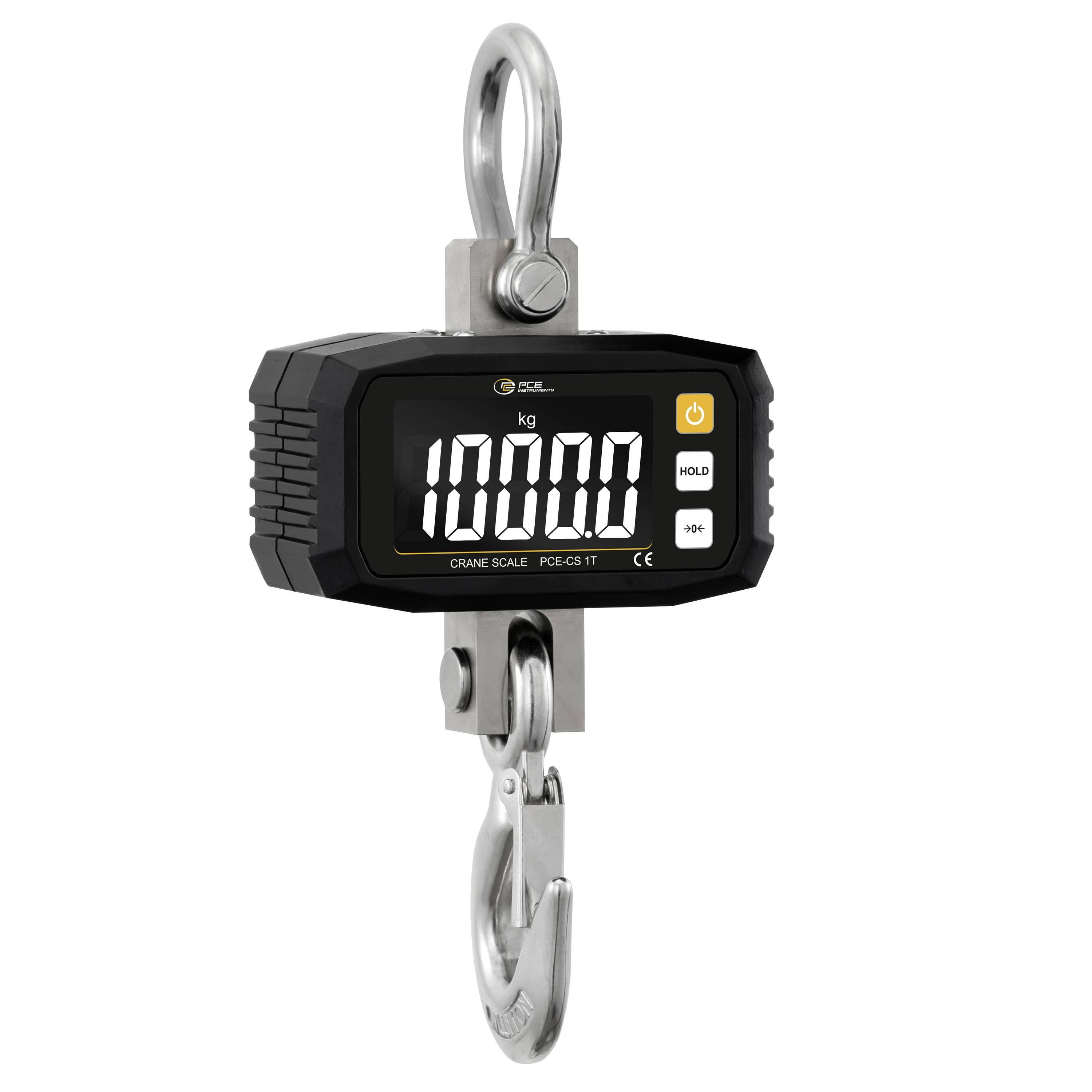 Digitale Kranwaage mit Haken, zeigt eine Gewichtsanzeige von 1000,0 kg auf einem schwarzen Display.