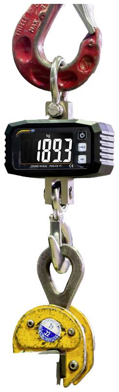 Ein digitaler Kranwaagenhaken zeigt das Gewicht '189,3' an. Der Haken ist mit einer gelben Klemme und einem roten Ring verbunden.