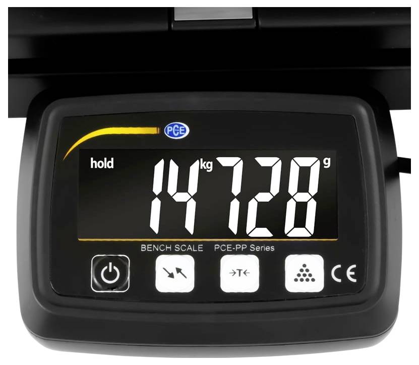Digitale Bankwaage mit Anzeige von 14,728 kg, mit „Hold