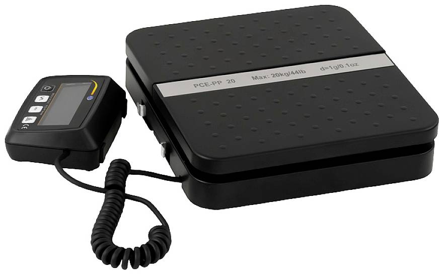 Digitale Waage mit abnehmbarem Display, max. Belastung 200 kg, Genauigkeit 0,1 kg, schwarzes, gepunktetes Wiegeblech.