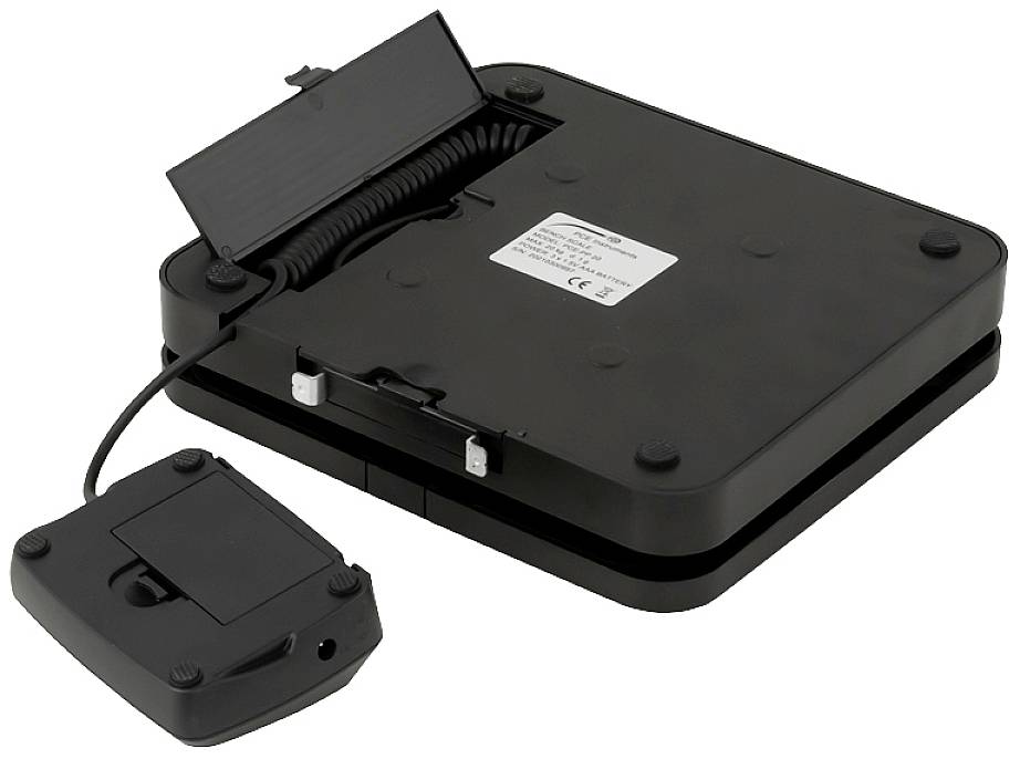 Schwarze elektronische Plattformwaage mit abnehmbarer, kabelgebundener Anzeigeeinheit. Ideal zur Gewichtsermittlung.