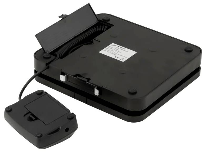 Schwarzes elektronisches Gerät mit aufklappbarem oberen Fach und angebrachtem Kabel, dargestellt mit einem separaten passenden Deckel oder Basisteil auf weißem Hintergrund.