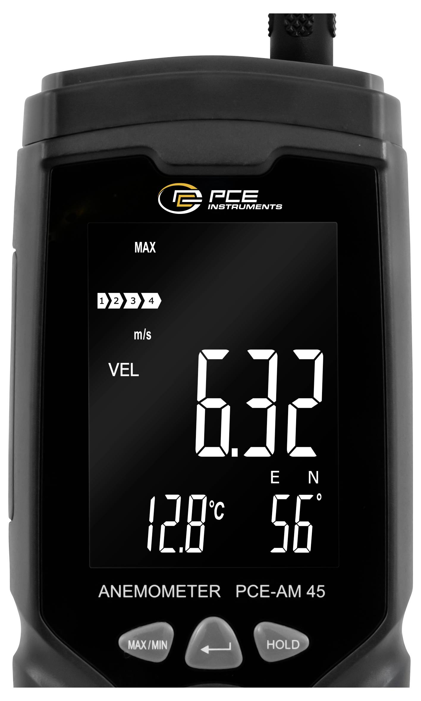 Tragbares PCE-Anemometer zeigt maximale Windgeschwindigkeit 6,32 m/s, Temperatur 12,8°C und Luftfeuchtigkeit 56%.