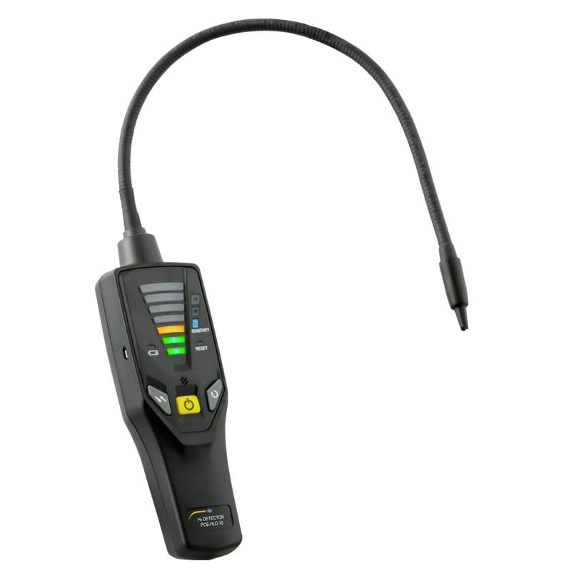 Tragbarer Gasleckdetektor mit flexibler Sonde, LED-Pegelanzeigerlampen und gelbem Einschaltknopf auf weißem Hintergrund.