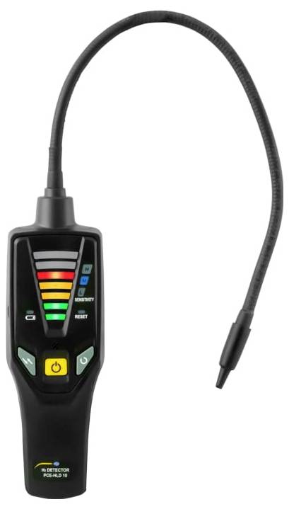 Tragbarer Gasdetektor mit flexibler Sonde, farbcodierten Pegelanzeigen und Stromversorgungs- sowie Steuerungstasten an der Vorderseite.
