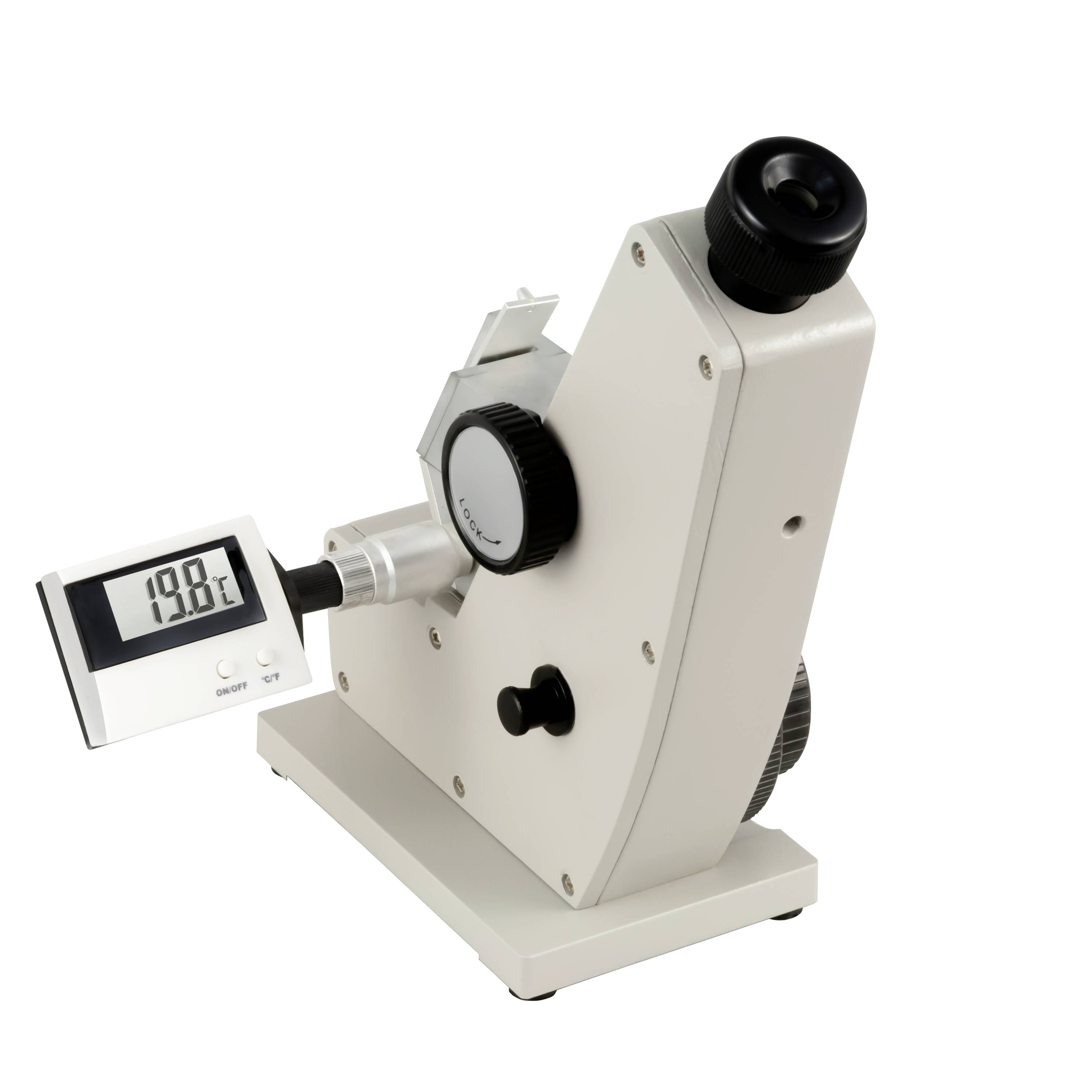 Digitales optisches Messinstrument mit Okular und LCD-Display, das 19,8°F anzeigt