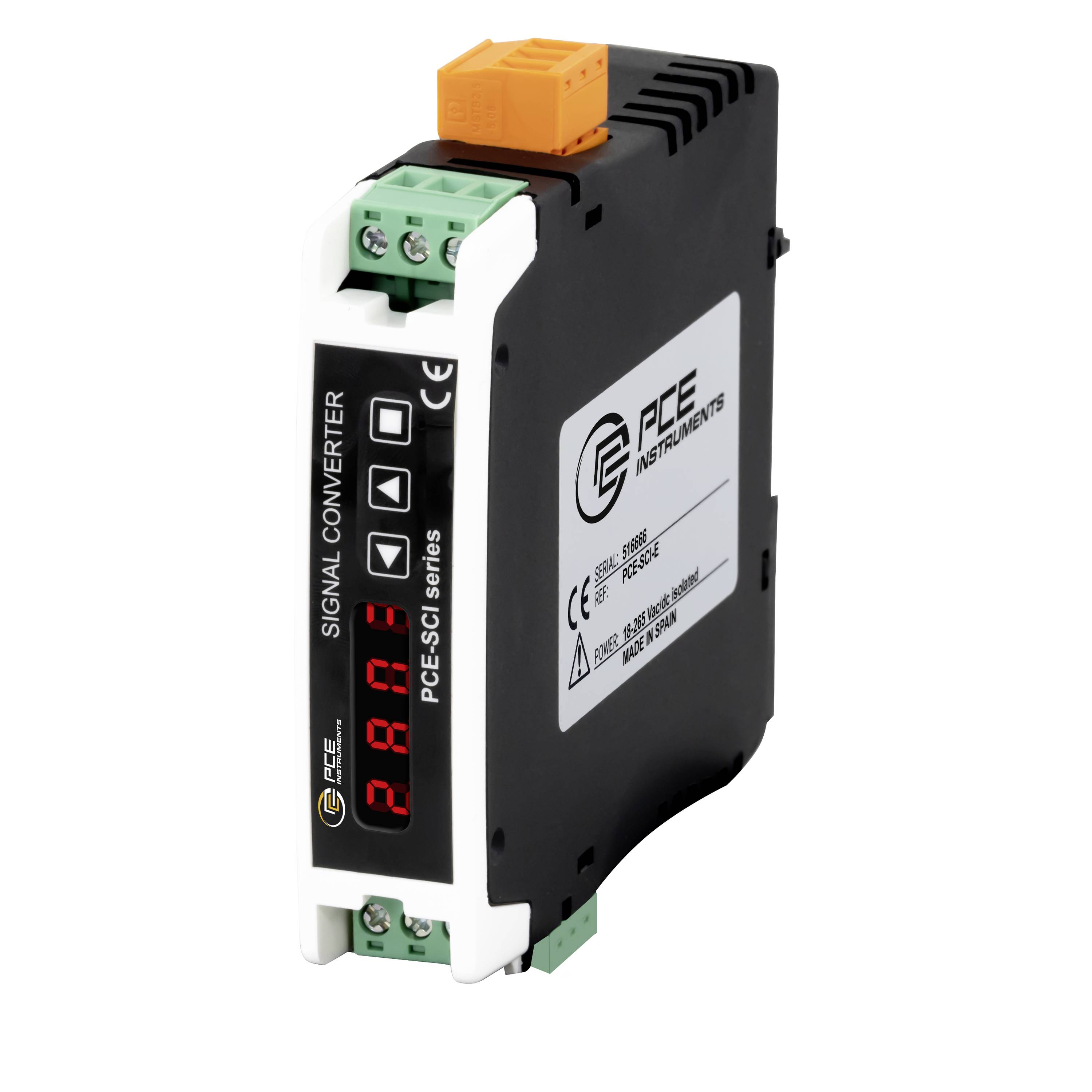 Schwarzes Signalwandlermodul mit orangenen und grünen Klemmleisten und roter LED-Anzeige, gekennzeichnet mit 