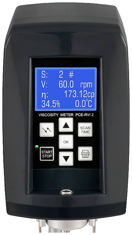 Ein digitales Viskosimeter mit einem Display zeigt Viskositätsmessungen an: 'S: 2', 'V: 60.0 rpm', 'η: 173.12 cp', '34.5%', '0.0°C'.