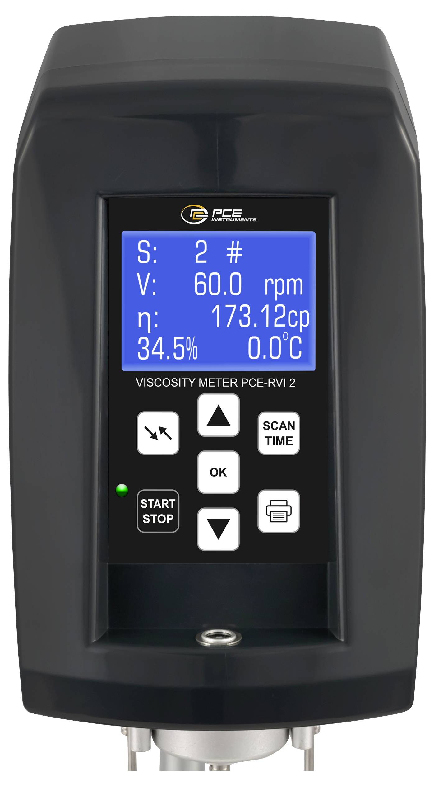 PCE-Viskosimeter mit Live-Messwerten auf blauem Display, einschließlich 60,0 U/min, 173,12 cP, 34,5% und 0,0°C, mit Steuertasten darunter.