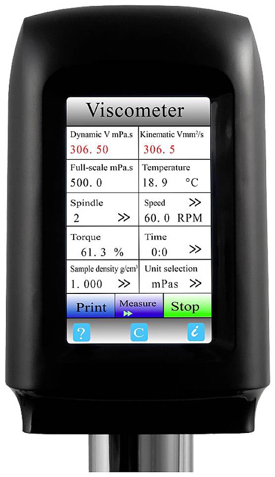 Ein Viskosimeter-Display zeigt: 'Dynamisch V mPa.s: 306. 50', 'Kinematisch Vmm²/s: 306. 5', Temperatur: 18,9°C, Spindel: 2.