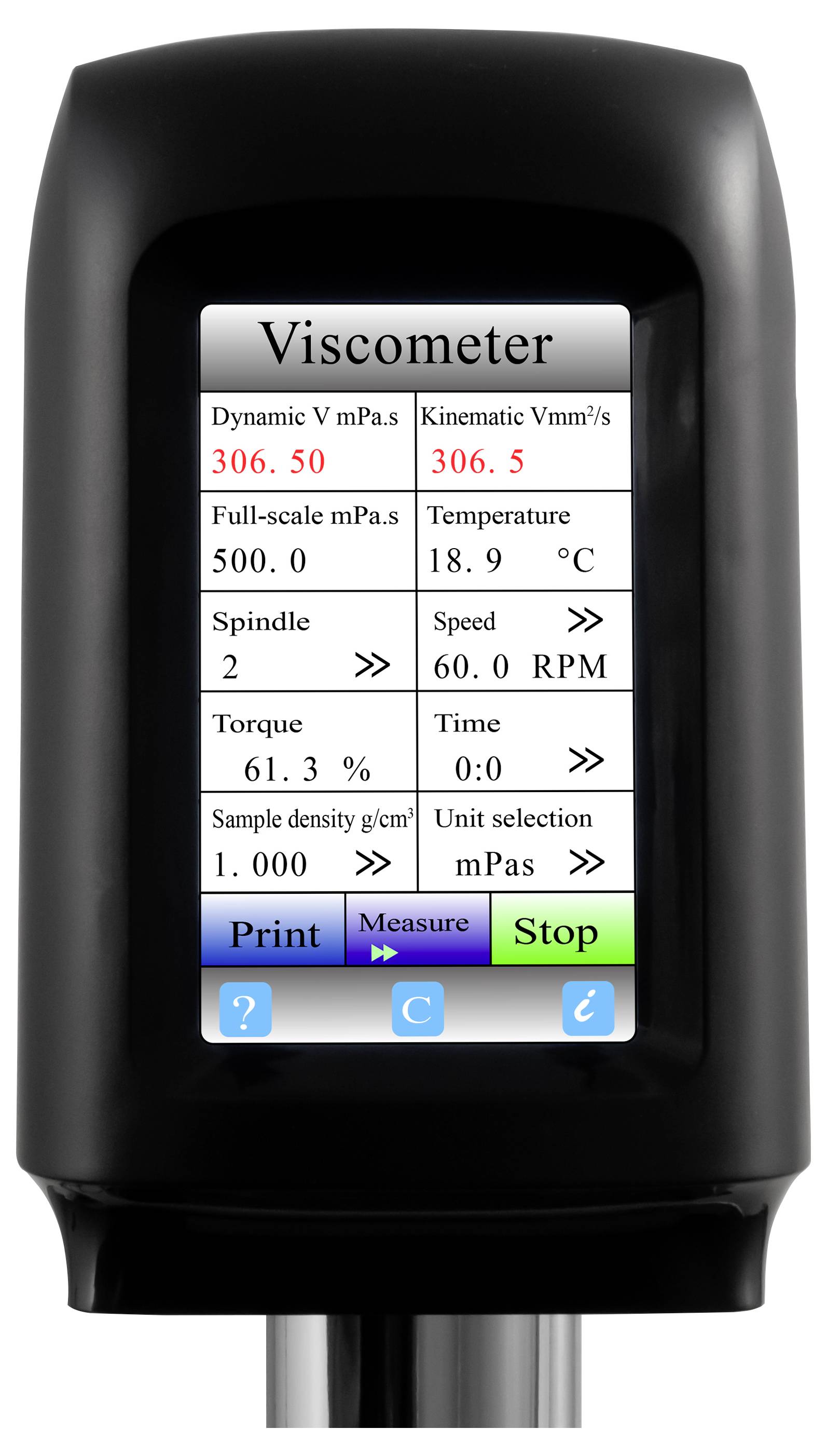 Digitale Viskosimeteranzeige mit Viskositätsergebnissen: Dynamisch 306,50 mPa·s, Kinematisch 306,5 mm²/s, Temperatur 18,9 °C, Drehzahl 60,0 U/min.