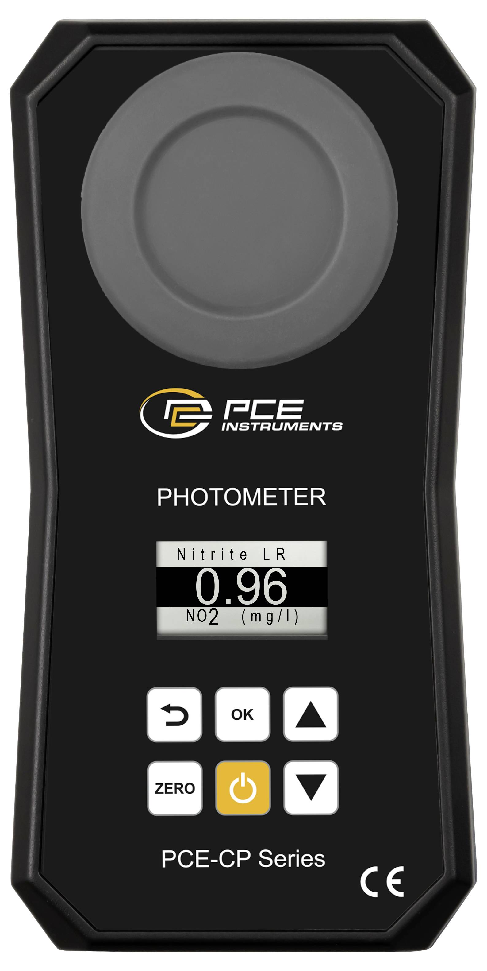 Tragbares PCE-Photometer-Messinstrument zeigt Nitrit-Messung im niedrigen Bereich (LR) von 0,96 mg/l an, mit Nulltaste, OK-Taste und Pfeiltasten.
