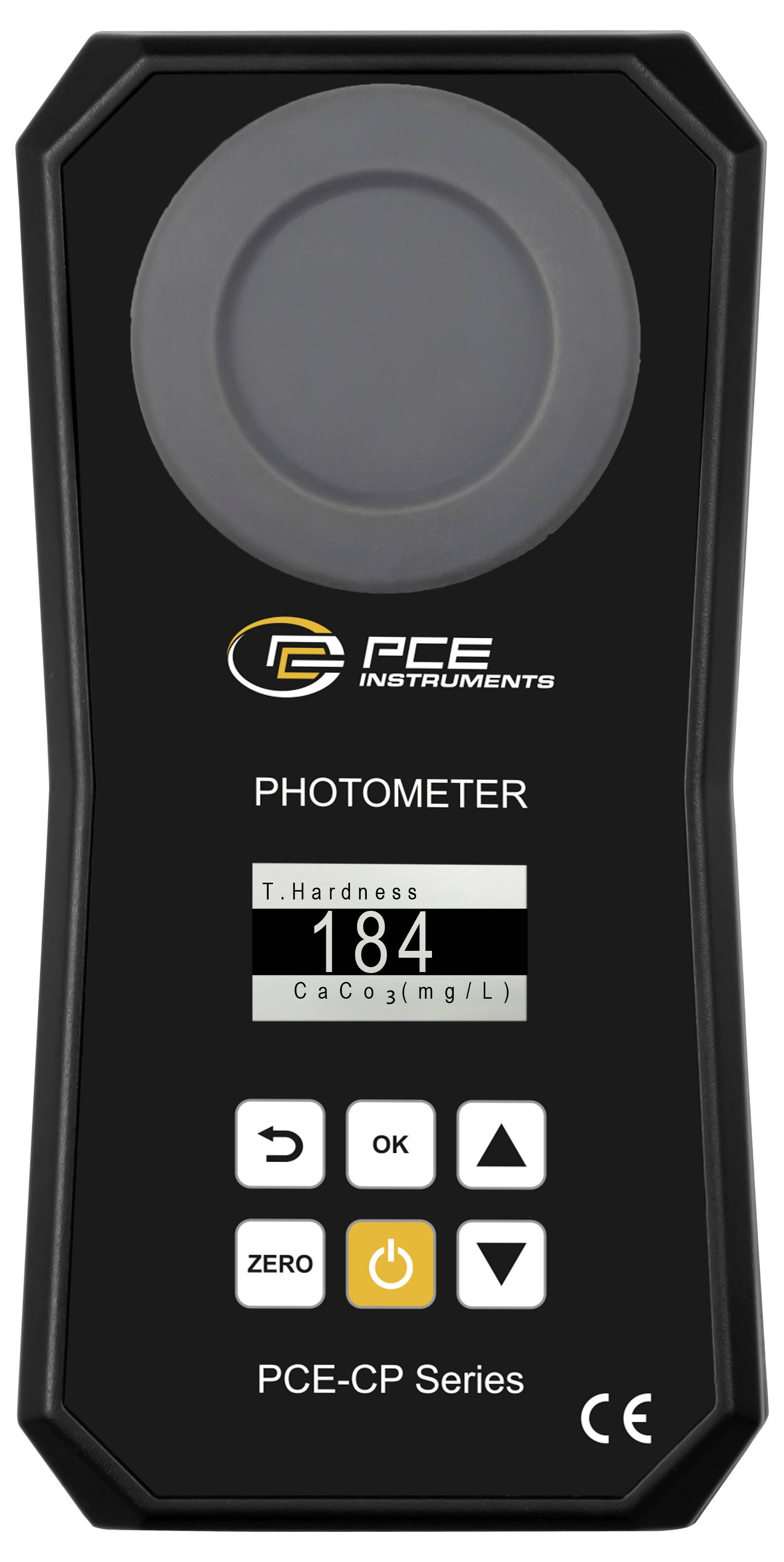 Tragbares PCE-Photometer-Messinstrument mit einer Härteanzeige von 184 CaCO3(mg/L) auf seinem Display.