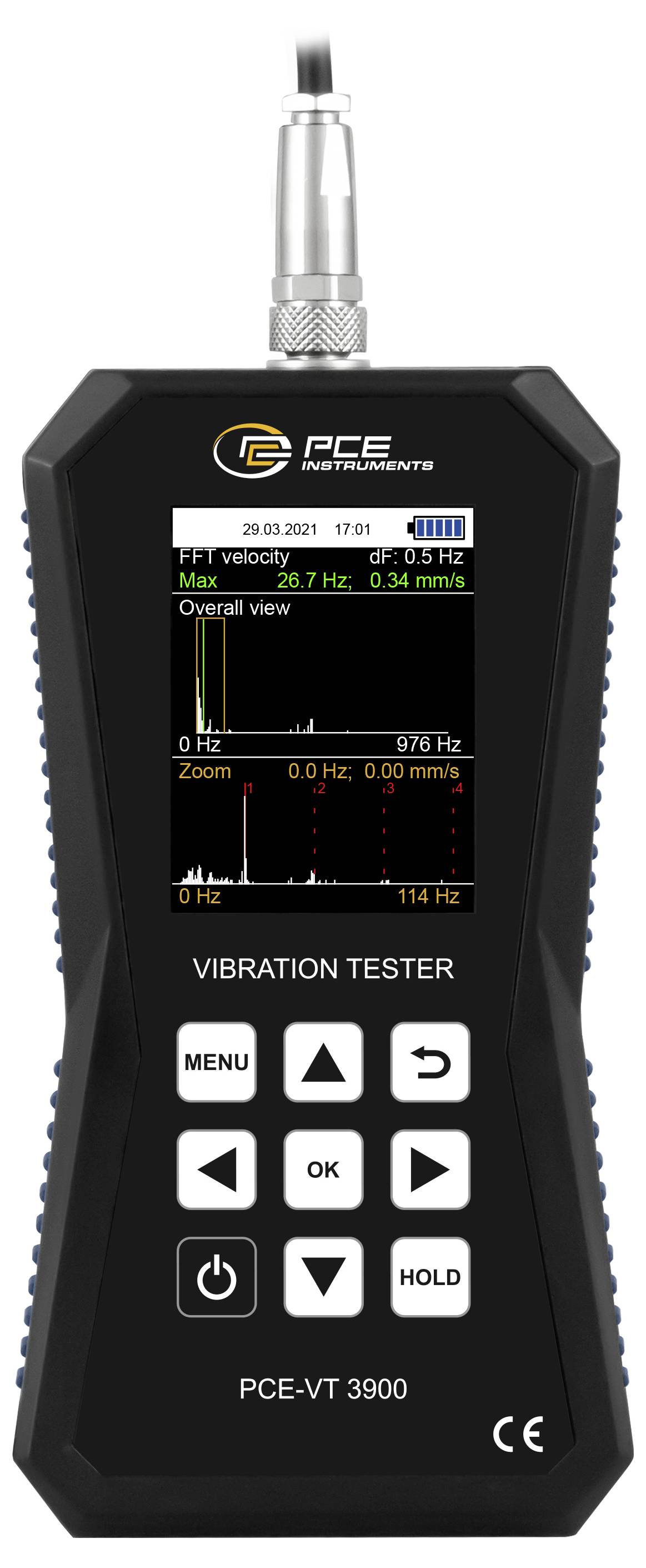 Tragbarer PCE-Vibrationsprüfer mit Bildschirm, der FFT-Geschwindigkeit und Gesamtschwingungswerte anzeigt, sowie Navigationstasten und Modell PCE-VT 3900.