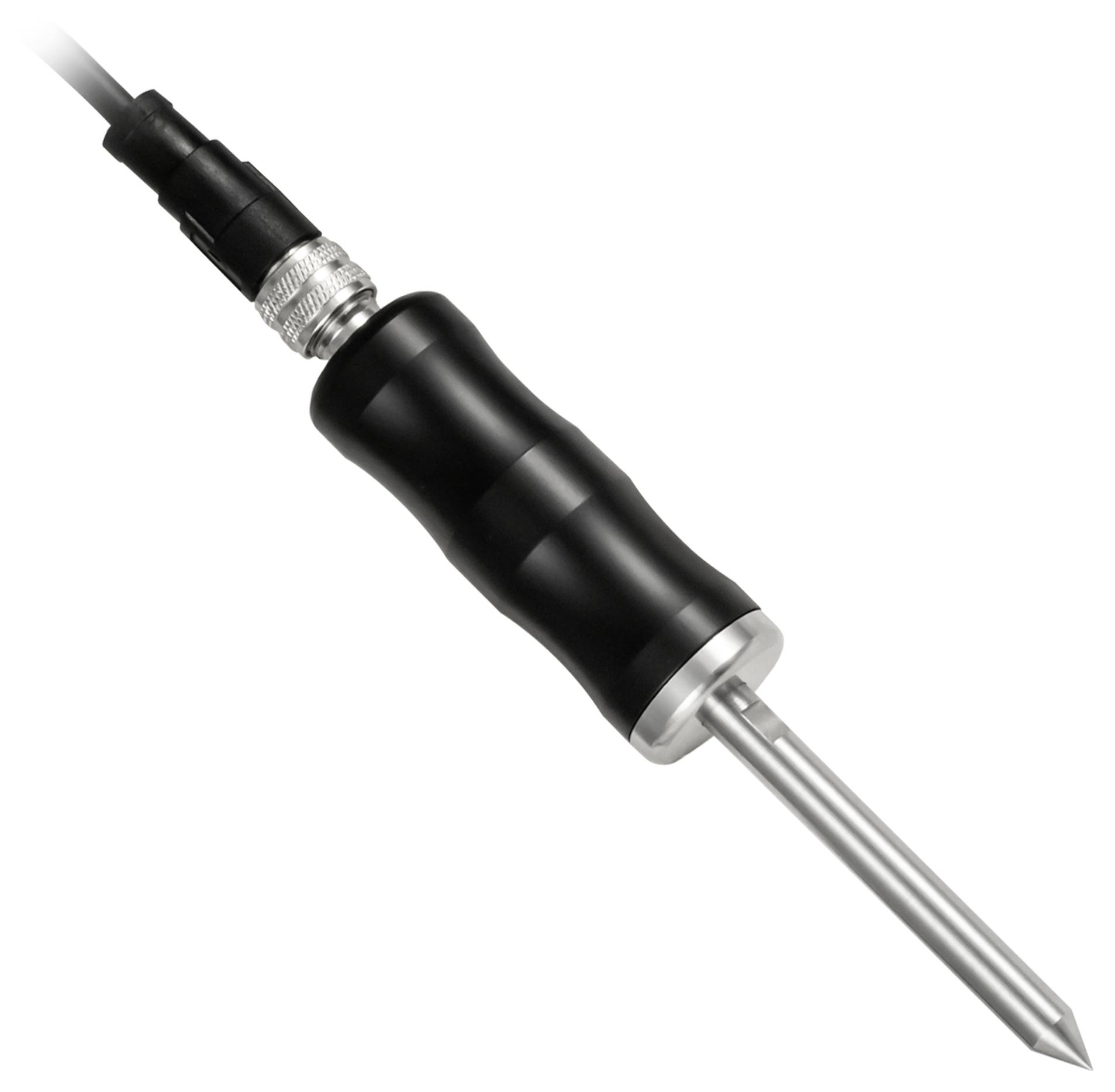 Schwarze tragbare Elektrode oder Sonde mit Kabel und spitzer Metallspitze, gezeigt auf weißem Hintergrund.