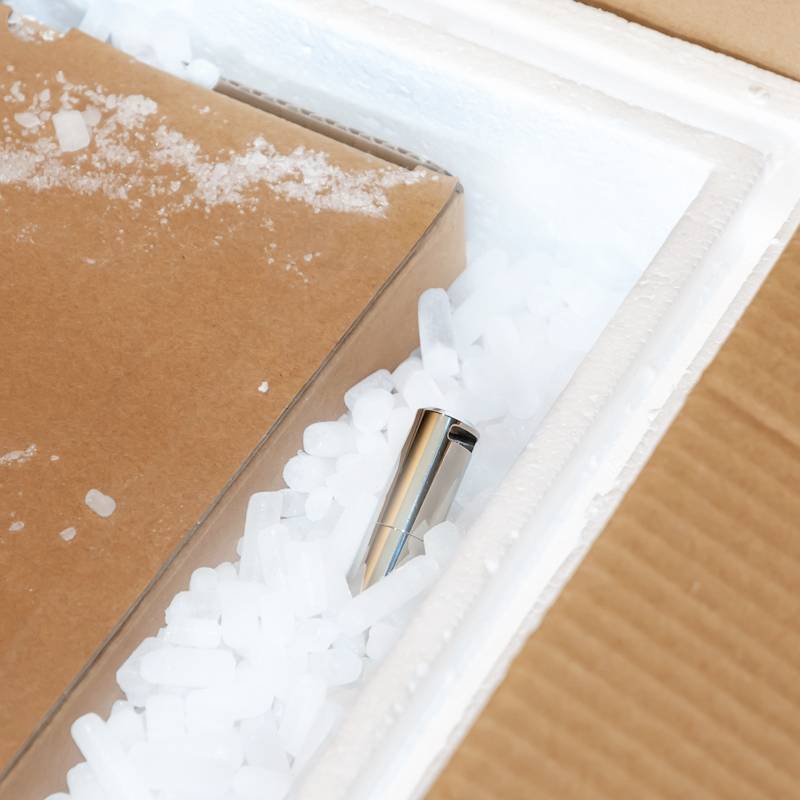Eine Schachtel in einer Isolierbox mit Styroporstücken, die als Polstermaterial dienen, ist sichtbar.