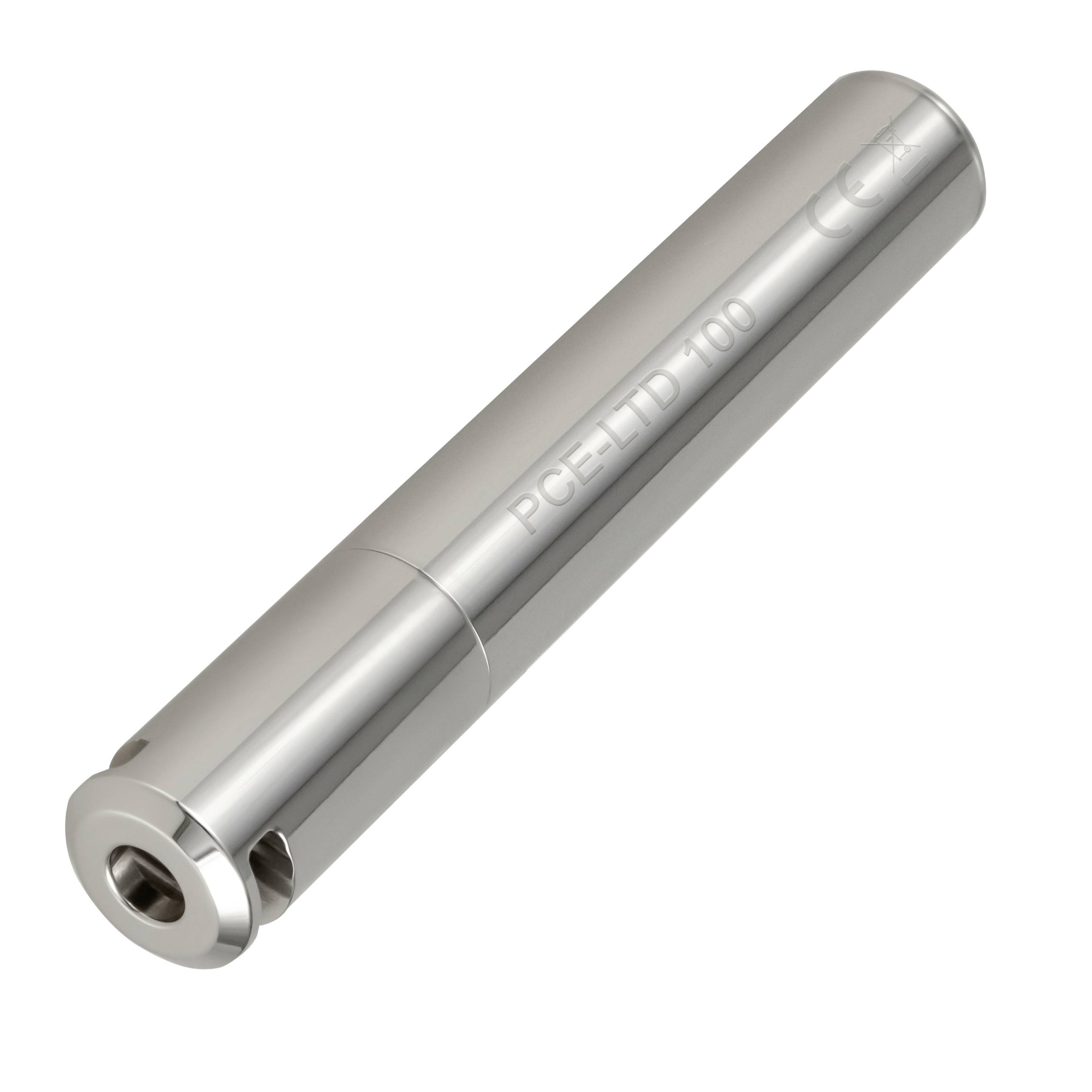 Silberfarbiger zylindrischer Metallsensor oder eine Sonde mit abgerundeter Spitze, beschriftet mit 
