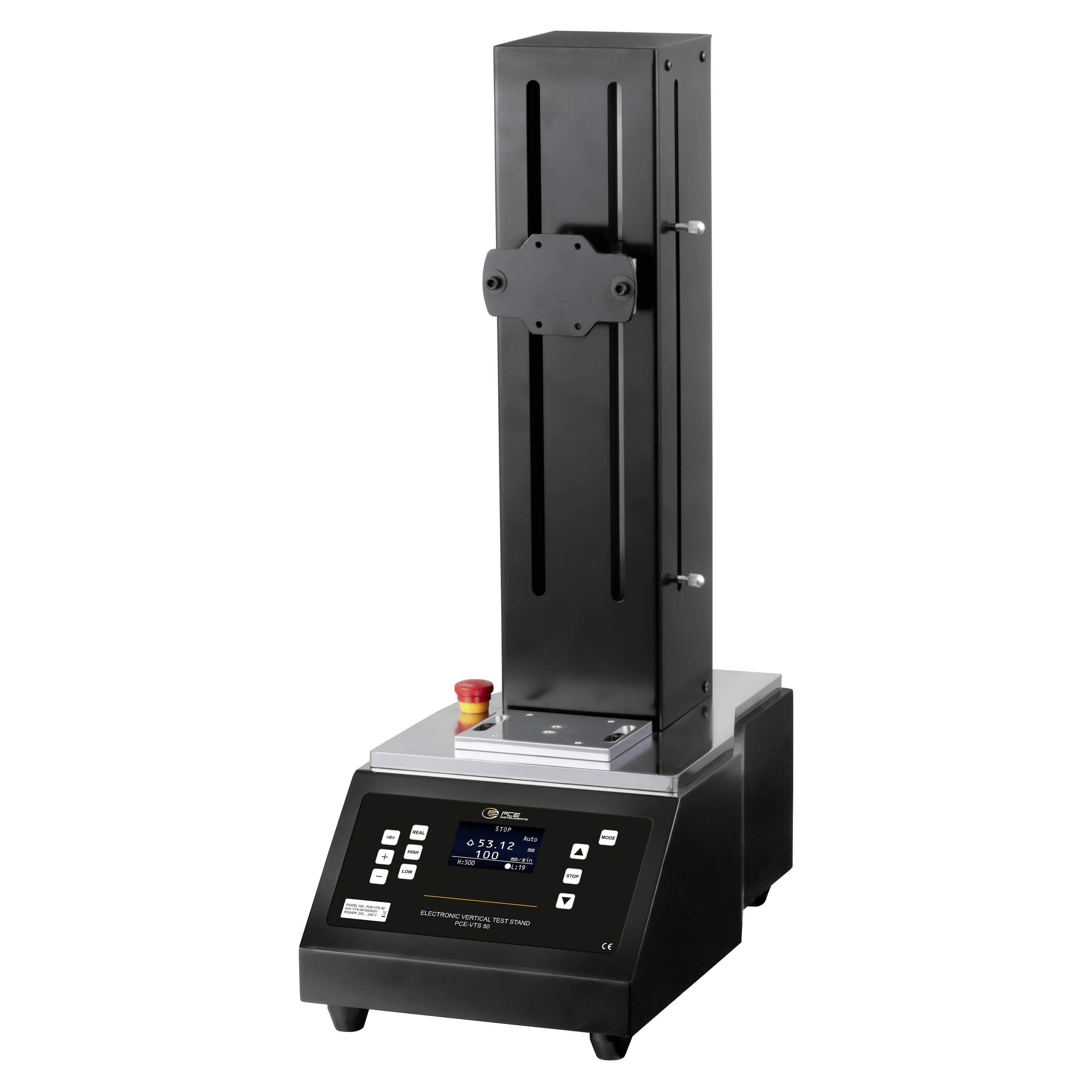 Industrielle Benchtop-Testmaschine mit hoher vertikaler Säule, Probenplattform, Bedienfeld und Nothalttaste