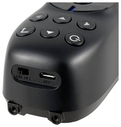 Nahaufnahme eines schwarzen tragbaren Steuergeräts mit Pfeiltasten und Funktionstasten, sowie einem USB-Anschluss und einem Ein-/Ausschalter auf der Vorderseite.