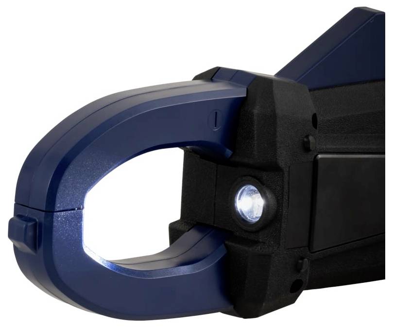 Nahaufnahme einer blauen und schwarzen Klemm- oder Hakenbefestigung mit einem hellen LED-Licht auf weißem Hintergrund.