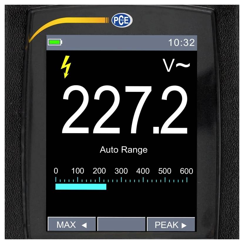 Digitales Leistungsmessgerät-Display mit 227,2 V AC, Automatikbereich, Batteriesymbol und MAX/PEAK-Tasten.