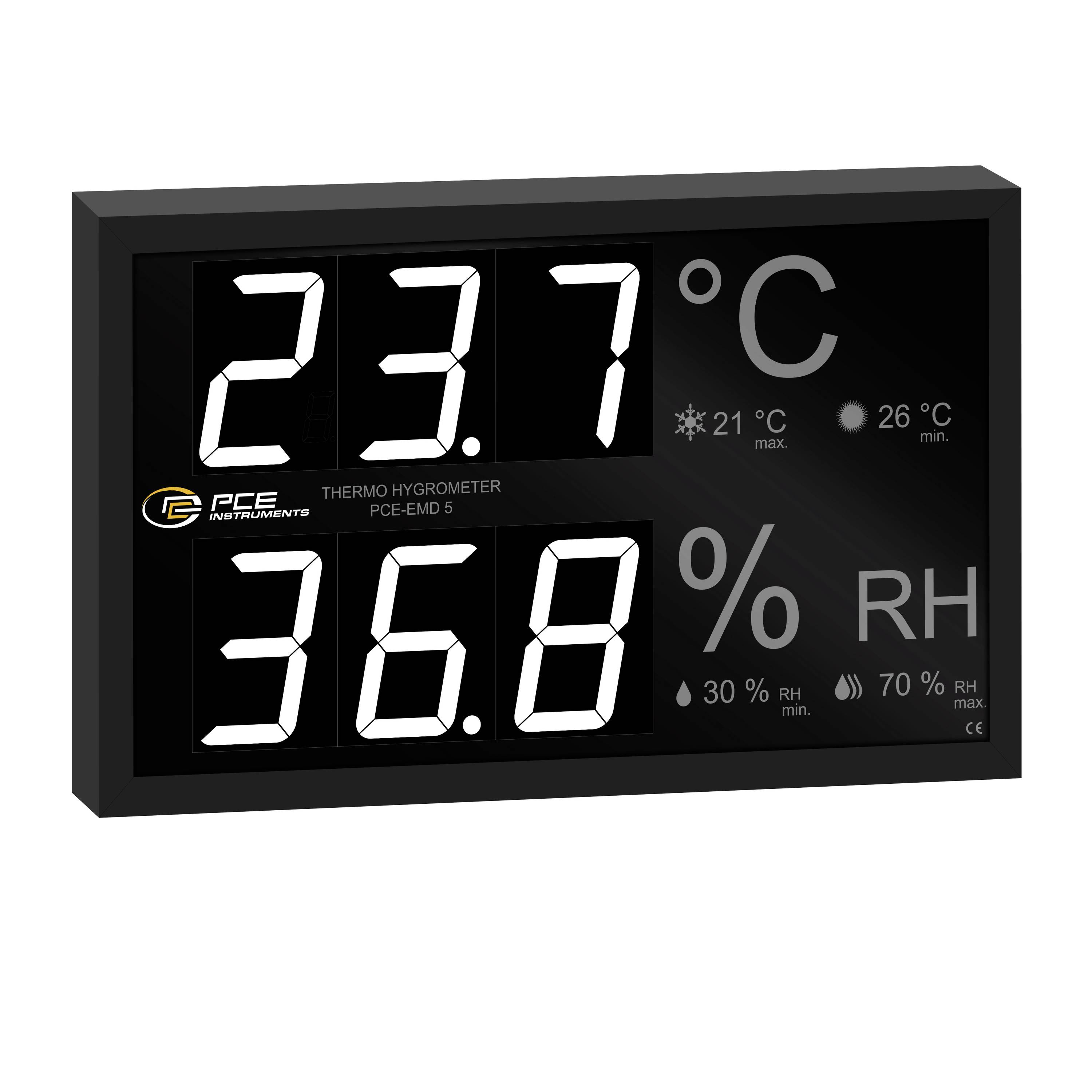 Digitales Thermo-Hygrometer-Display mit Anzeige von 23,7°C Temperatur und 36,8% relativer Luftfeuchte, mit Min/Max-Indikatoren.