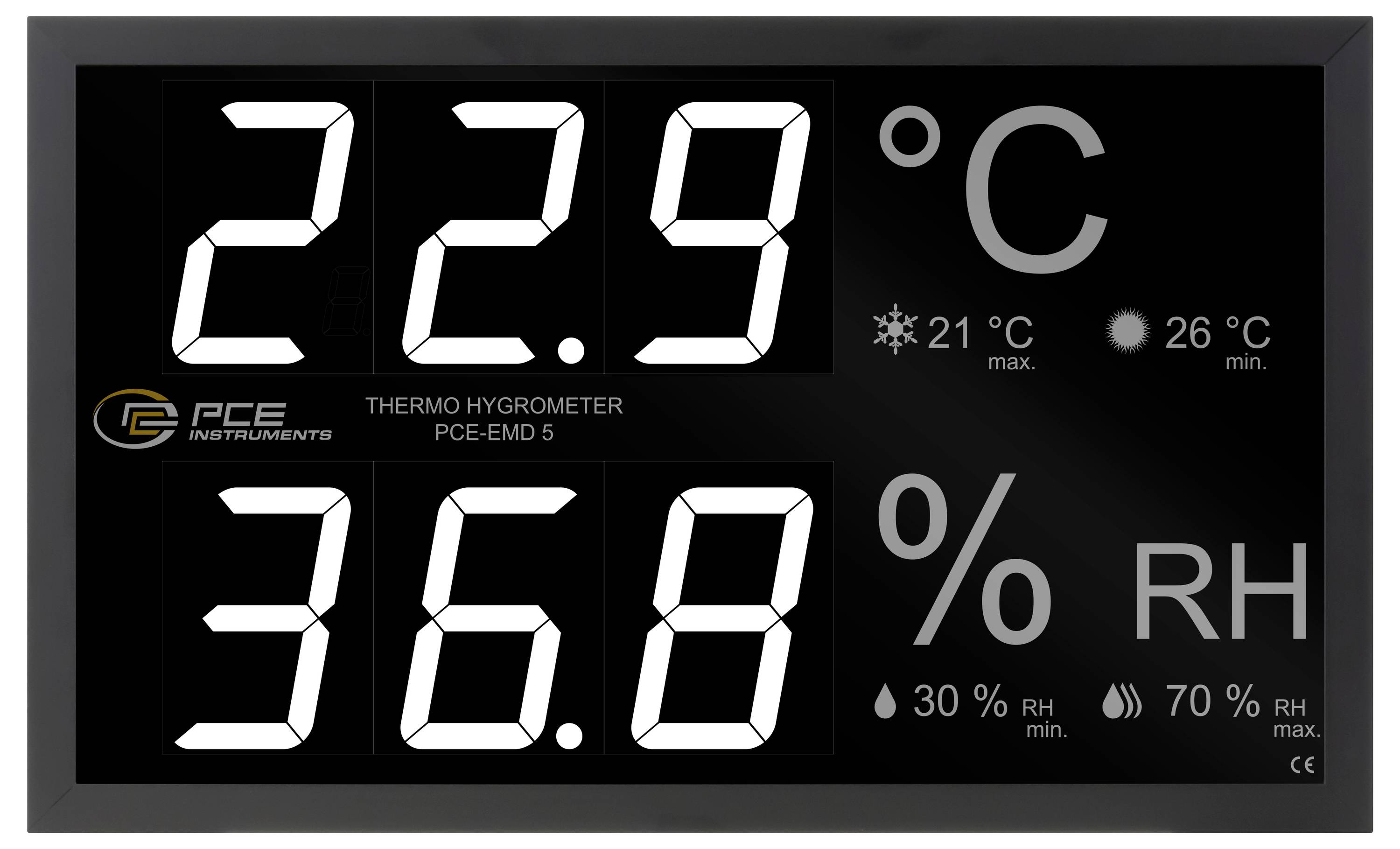 Digitales Thermo-Hygrometer-Display mit Anzeige von 22,9°C und 36,8% relative Luftfeuchte, mit Maximum 26°C, Minimum 21°C und Notizen zum Luftfeuchtespektrum.