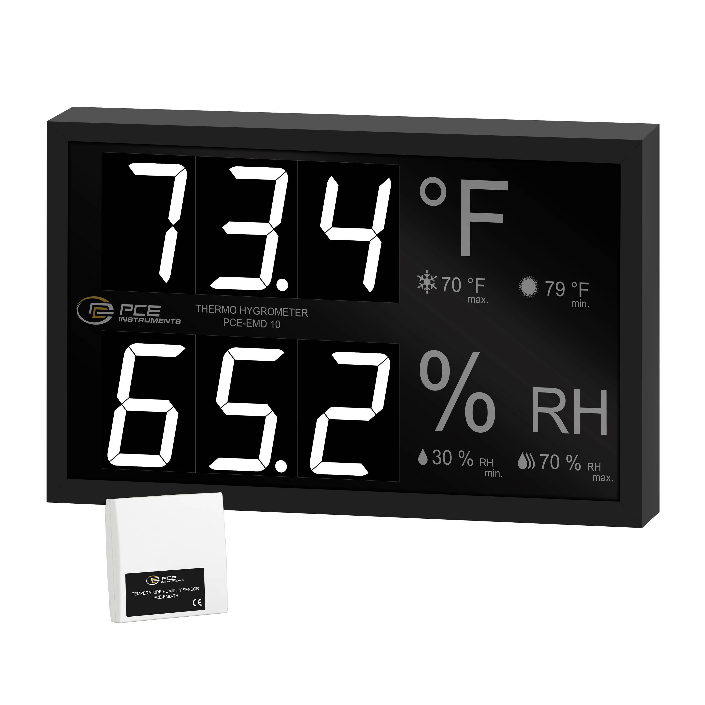Digitale Thermo-Hygrometer-Anzeige mit 73,4°F und 65,2% RH, mit Min/Max-Indikatoren; kleine Sensoreinheit unten dargestellt.
