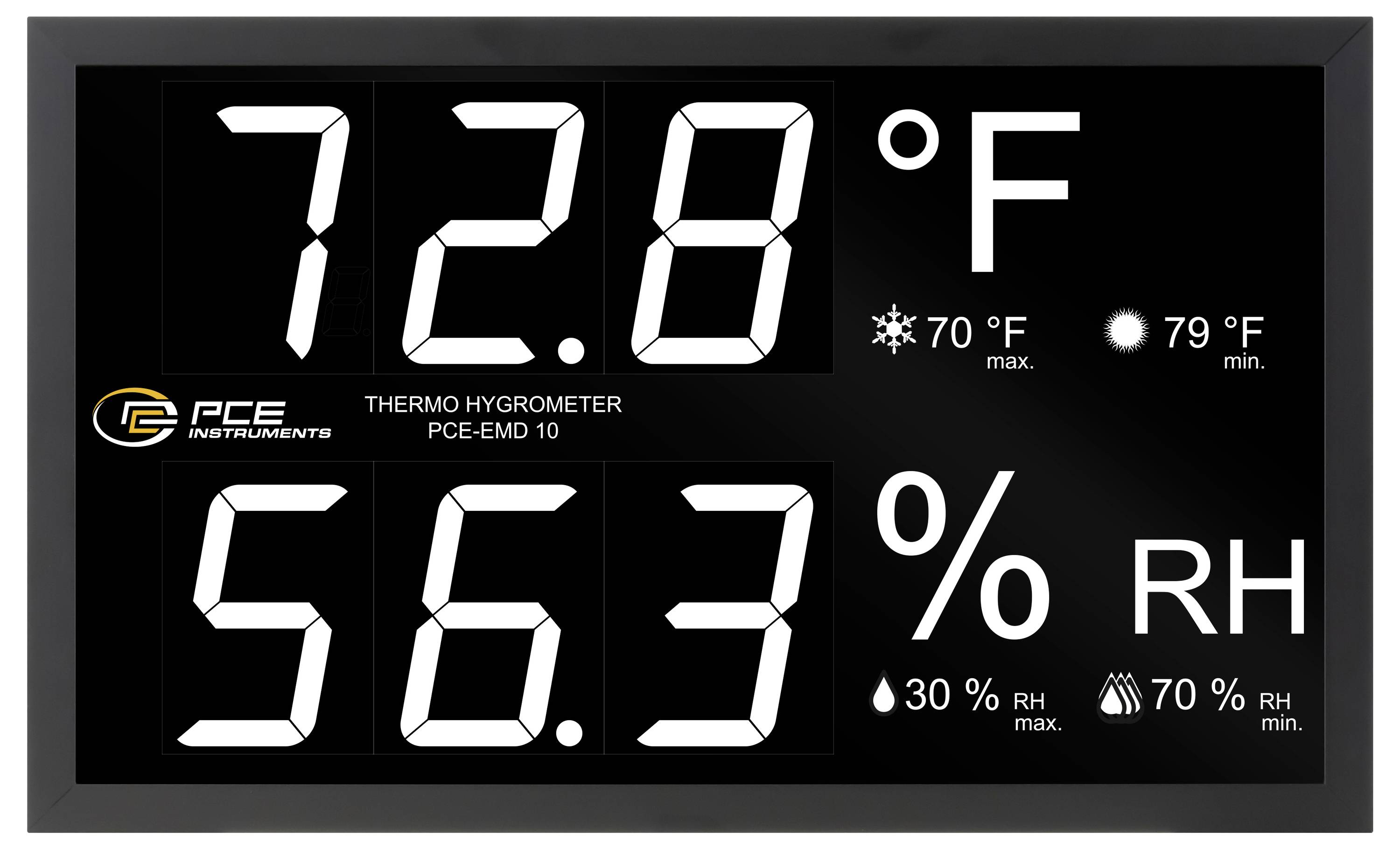 Digitale Thermo-Hygrometer-Anzeige zeigt 72,8°F und 56,3% relative Feuchte, mit Max/Min-Indikatoren für Temperatur und Luftfeuchte.