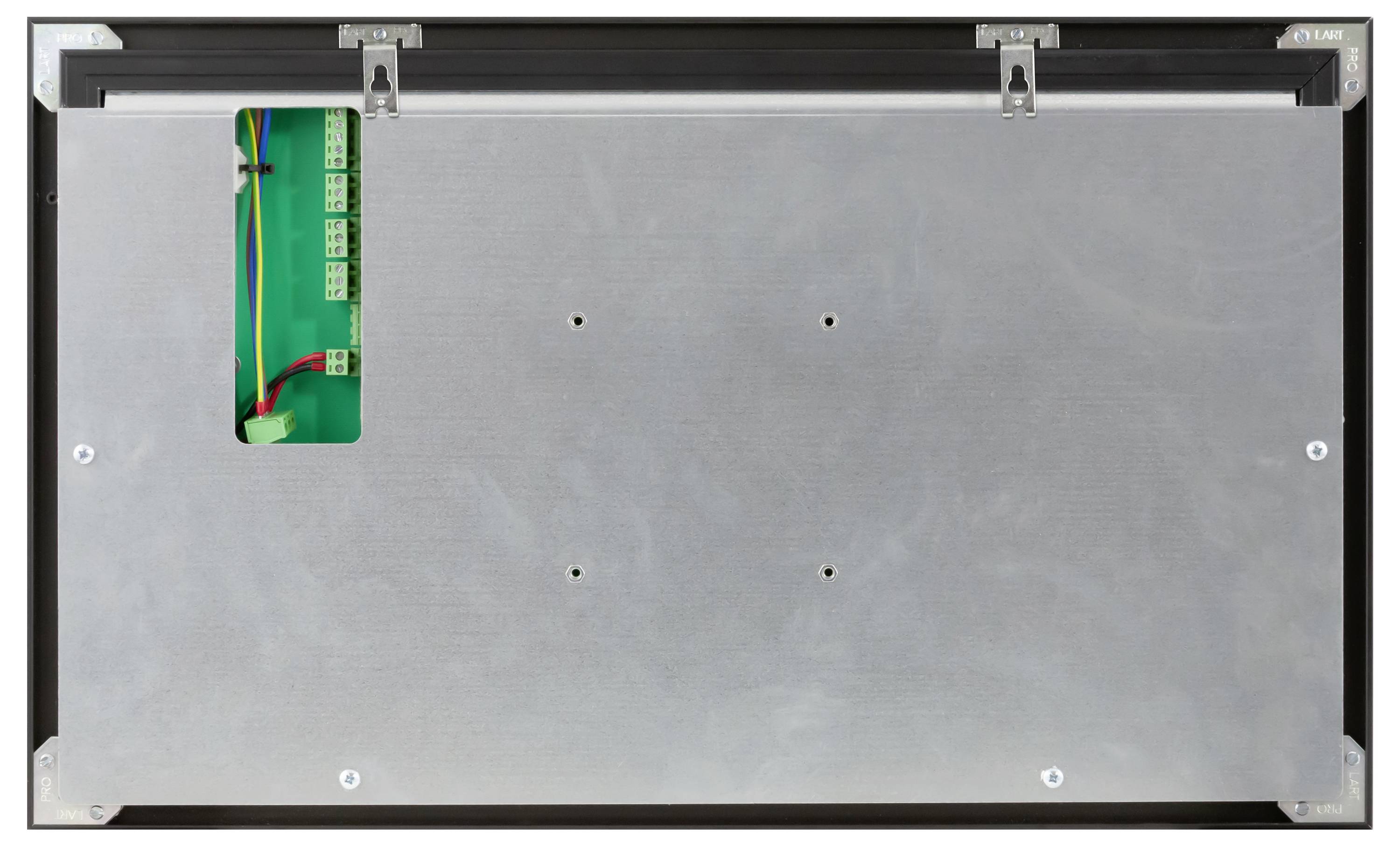 Rückansicht eines flachen Metallgehäuses für Elektronik mit Befestigungsclips und einer kleinen Aussparung, die grüne Leiterplatten und Verdrahtung im Inneren zeigt.