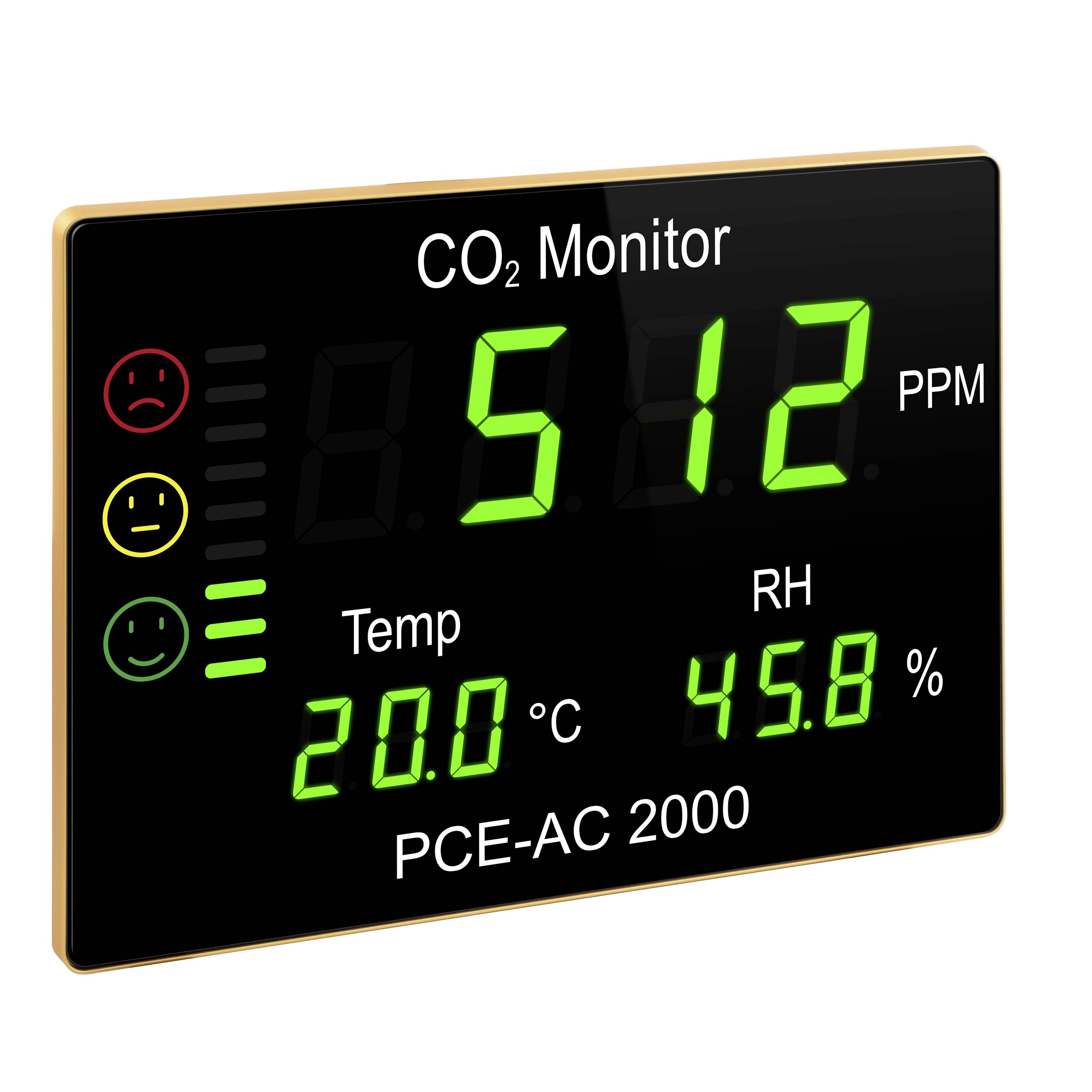 Digitale CO2-Anzeige mit 512 ppm, 20,0°C Temperatur und 45,8% Luftfeuchtigkeit mit Statussymbolen auf der linken Seite.